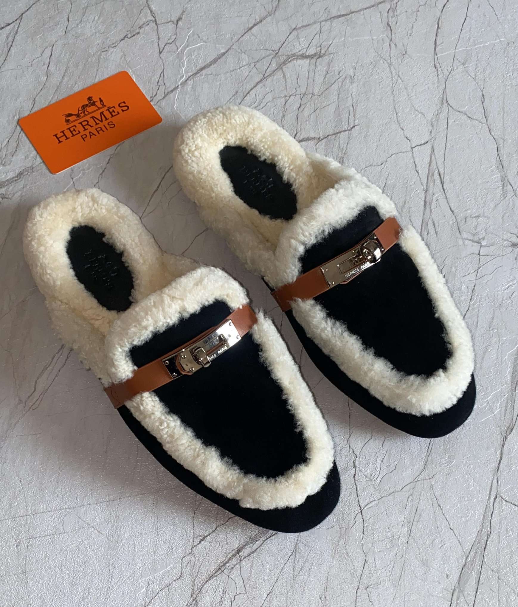 HERMES Suede Goatskin Woolskin Oz Mules