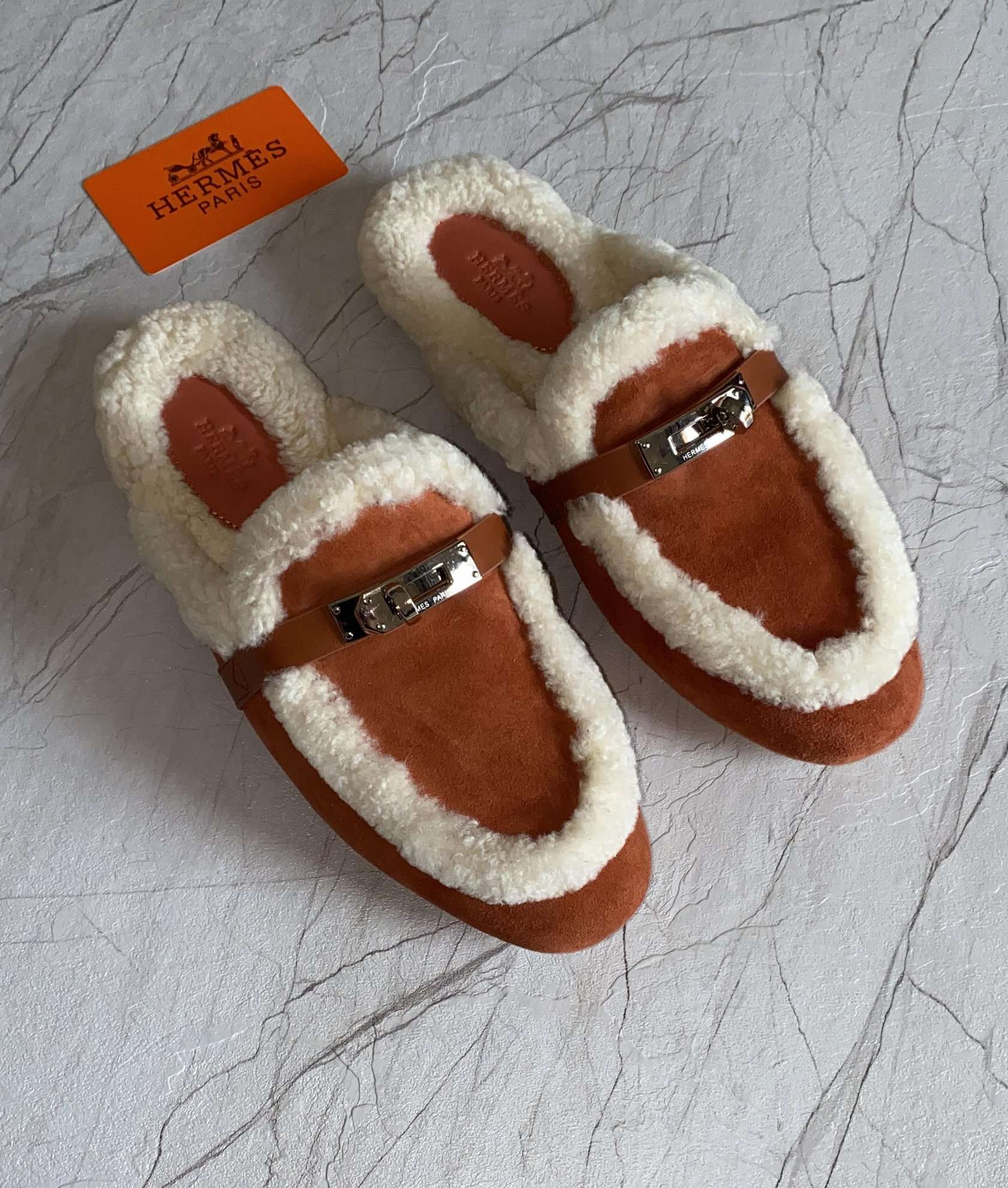 HERMES Suede Goatskin Woolskin Oz Mules