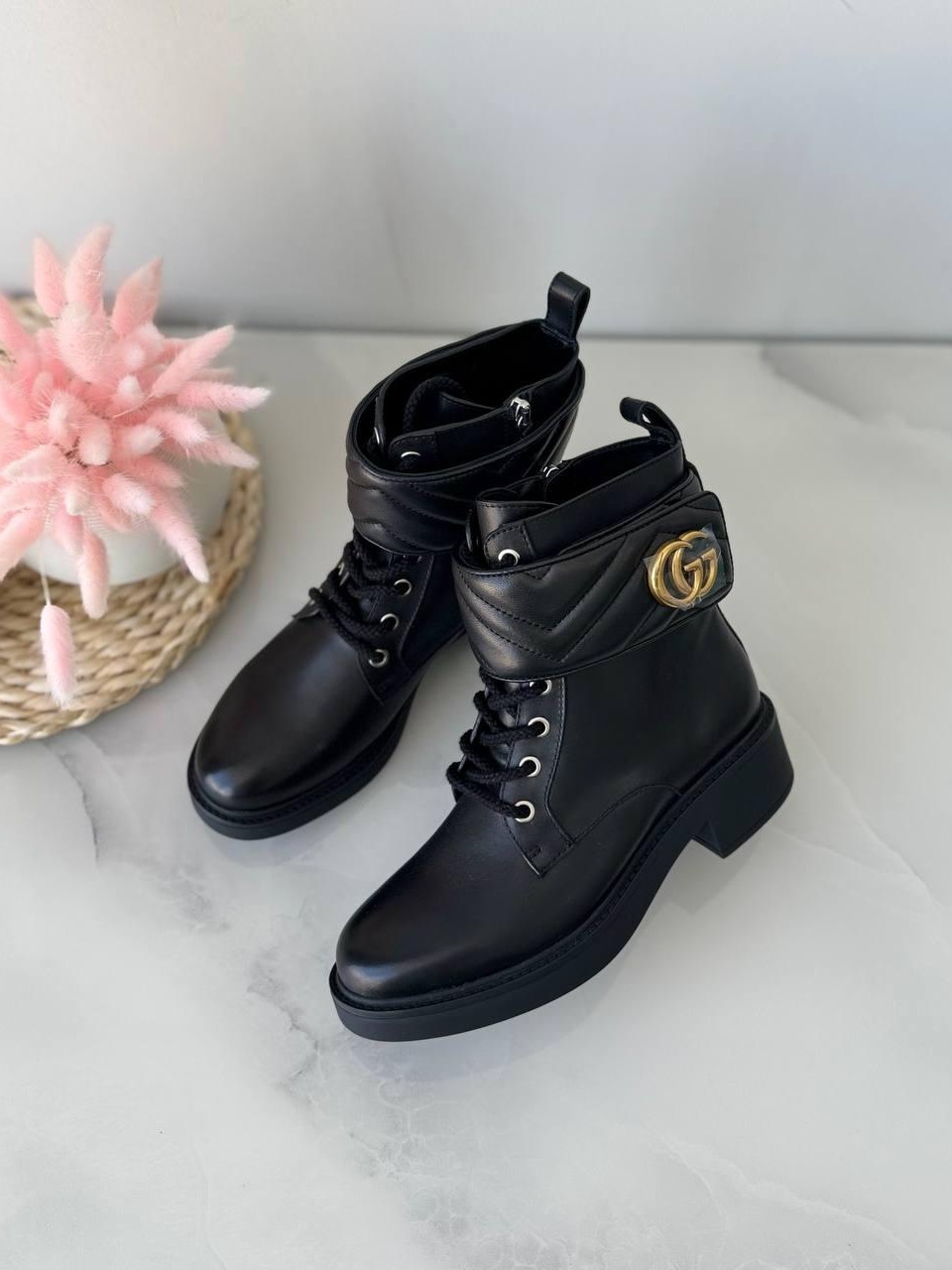 Gucci Black Leather Double G Ankle
