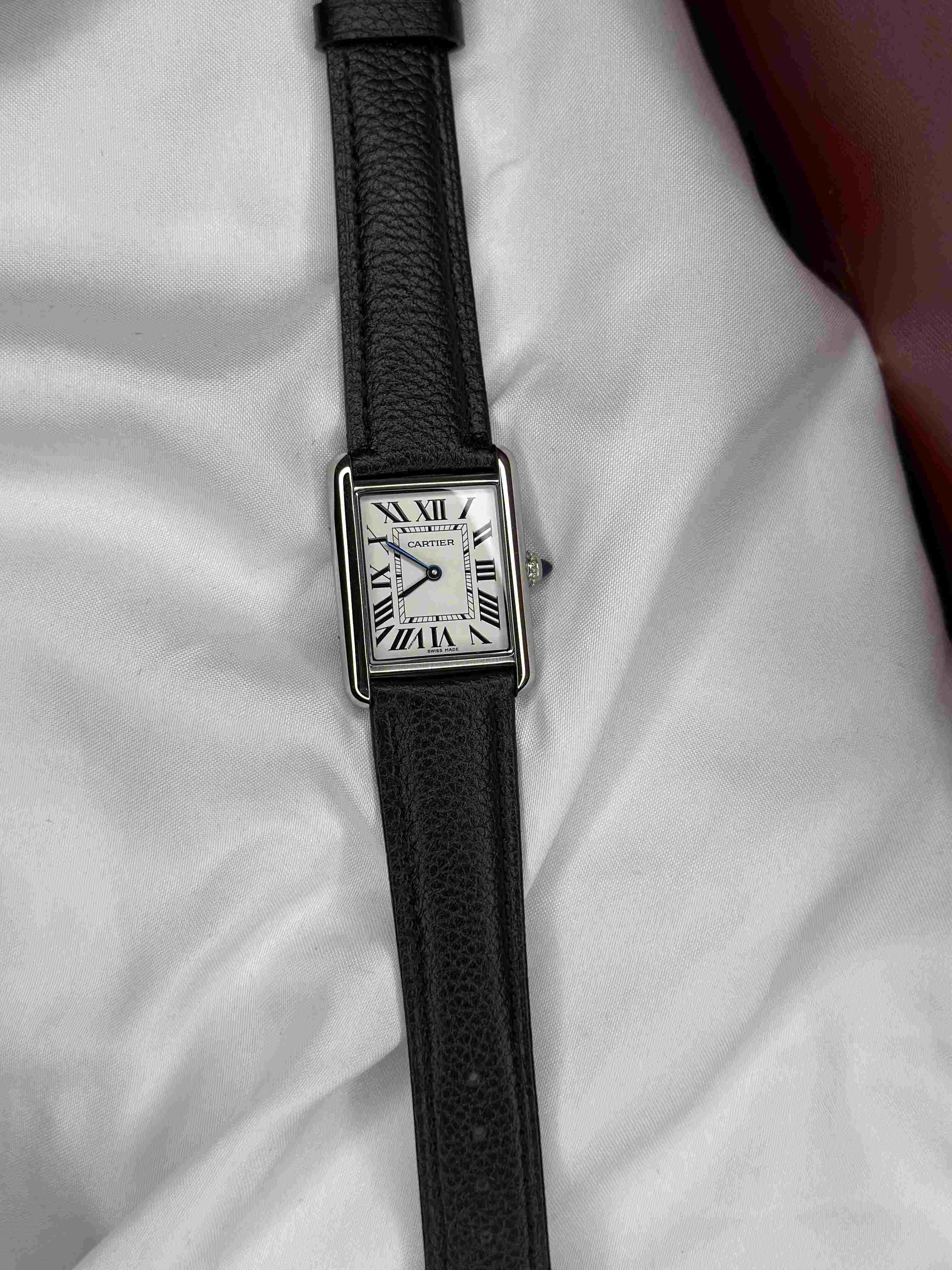 Cartier Tank Louis Ladies Watch – Silvered Opaline Dial & Black Leather Strap
