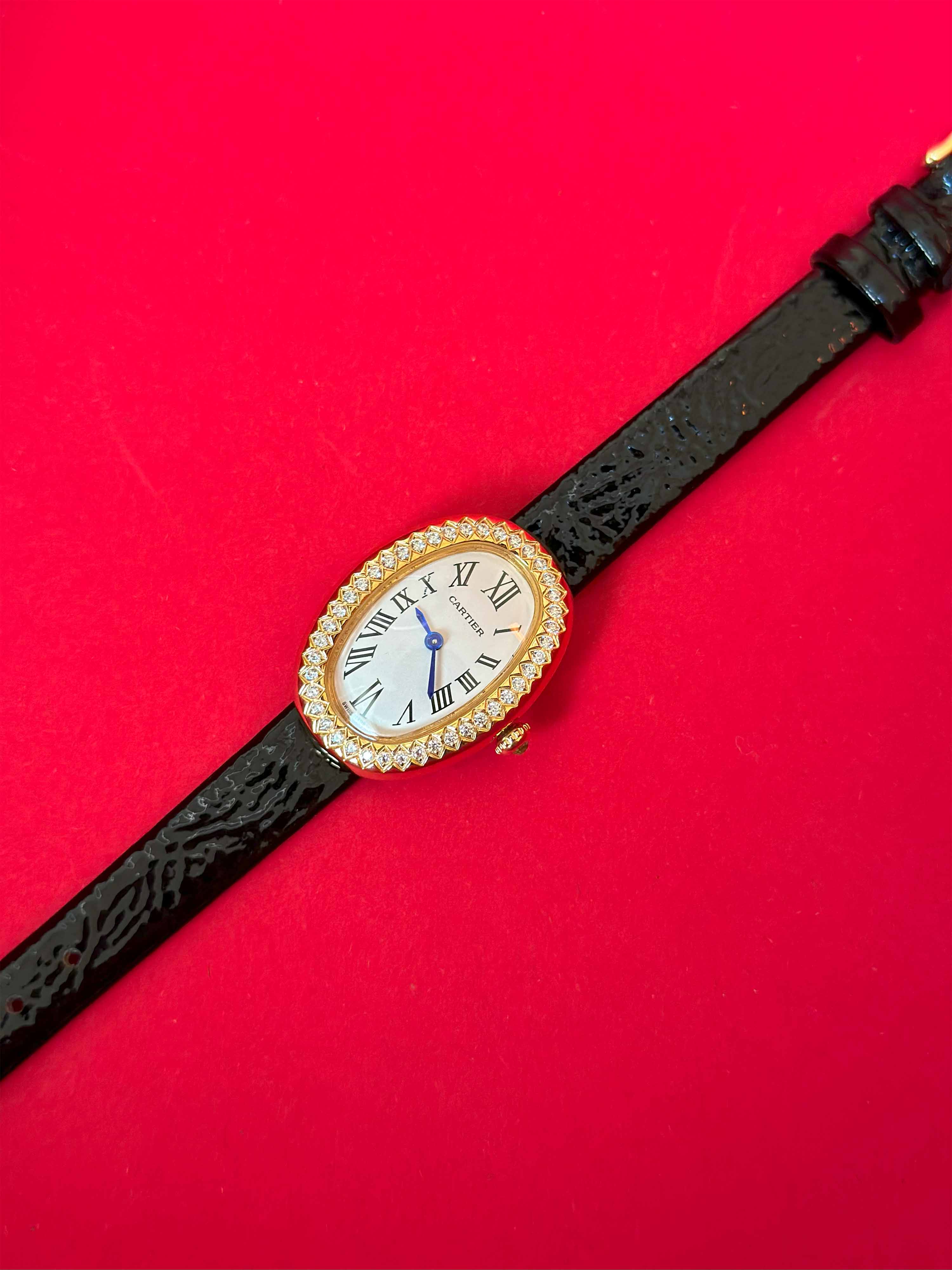 Cartier Baignoire Black Leather Ladies Watch Collection