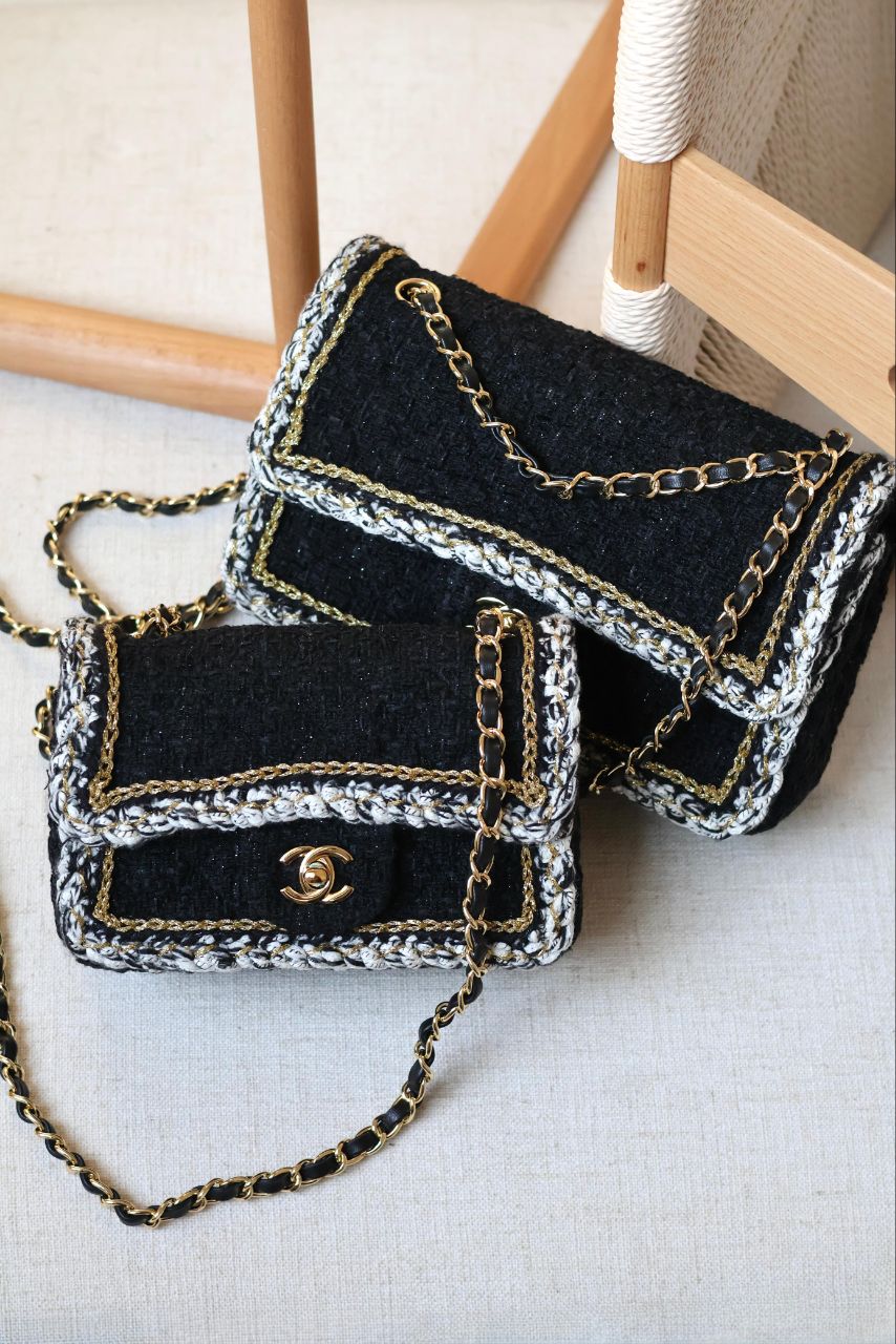 Chanel Tweed Classic Flap Bag – Black & Gold – Size 20cm & 25cm