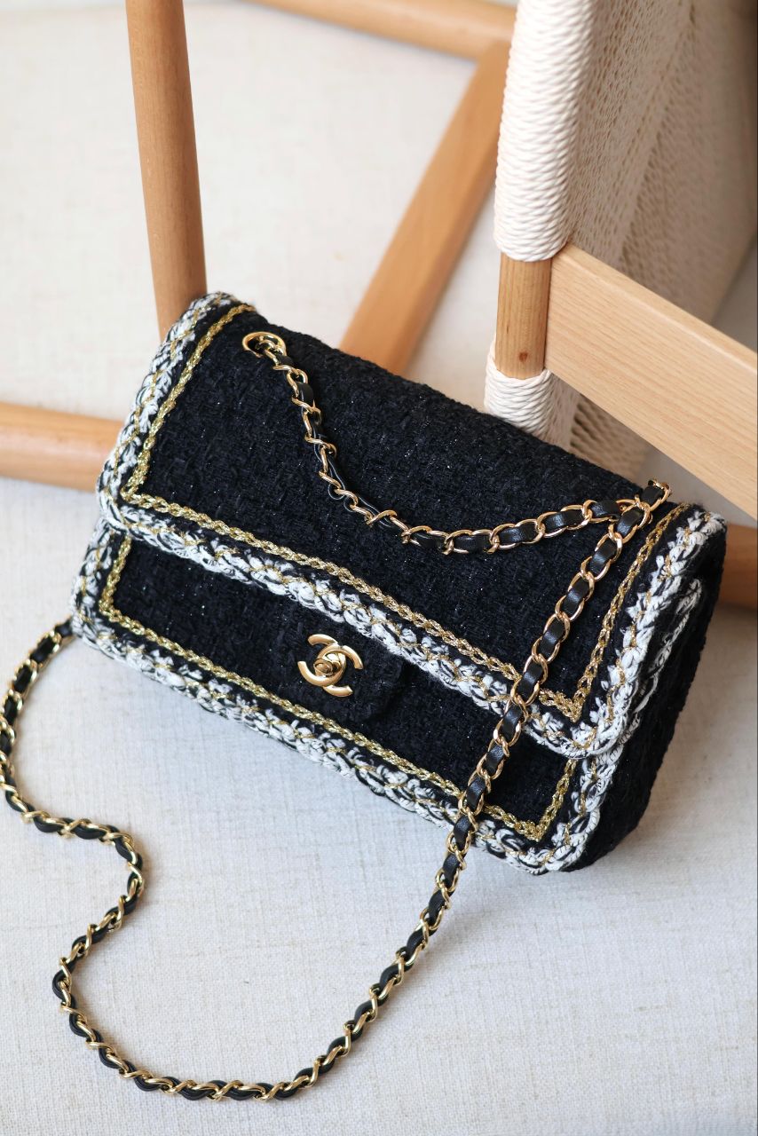 Chanel Tweed Classic Flap Bag – Black & Gold – Size 20cm & 25cm