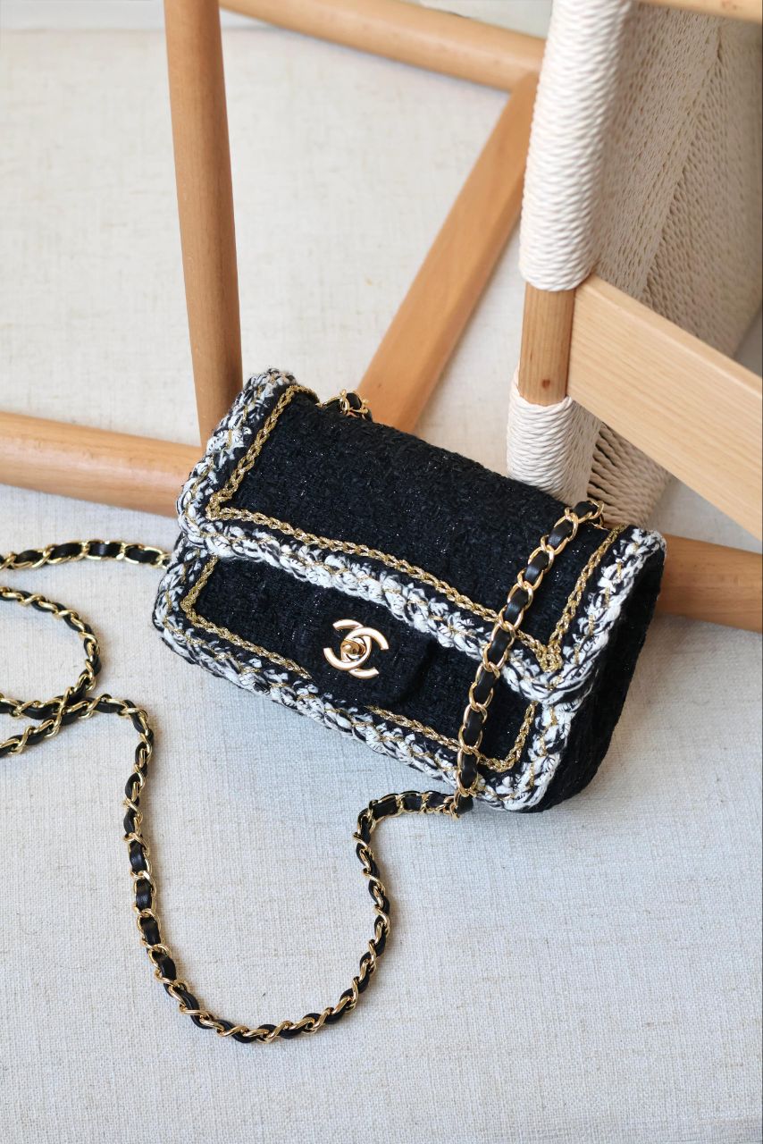 Chanel Tweed Classic Flap Bag – Black & Gold – Size 20cm & 25cm