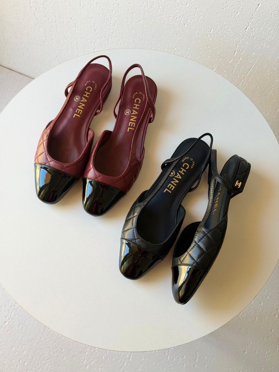 Chanel Quilted Slingback Patent Toe Low Heels