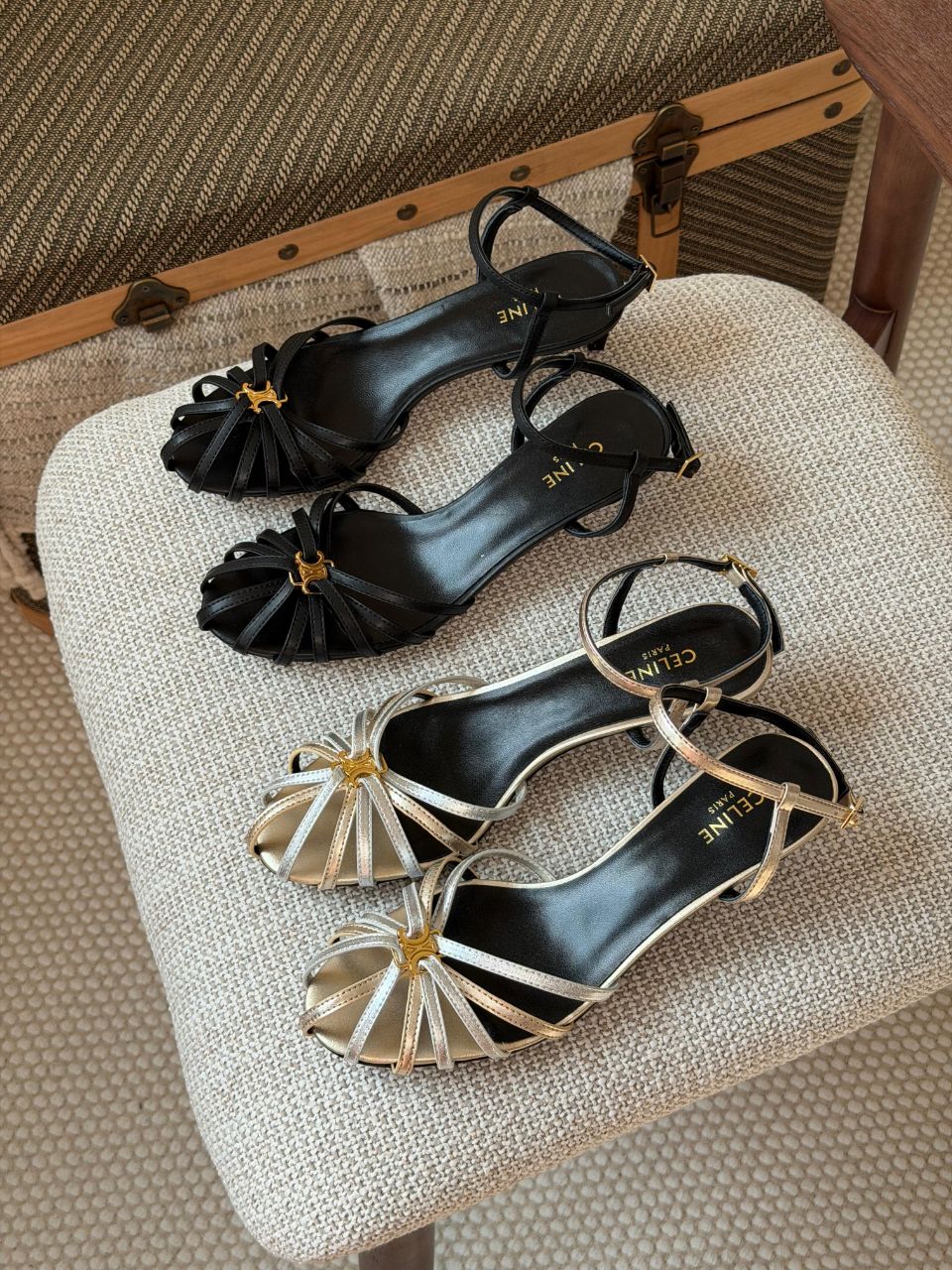 Celine Strappy Heel Sandals – Black & Gold