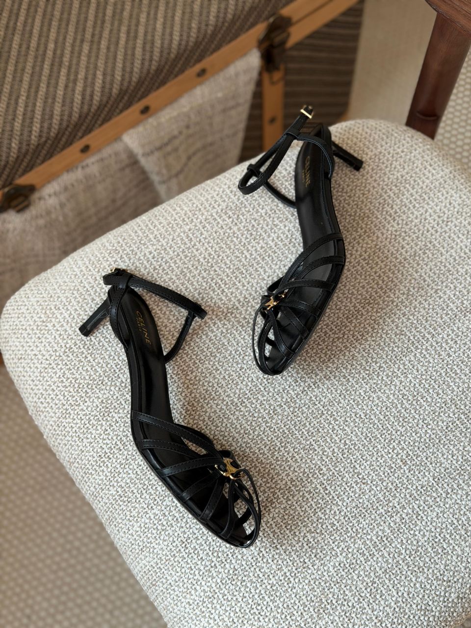Celine Strappy Heel Sandals – Black & Gold