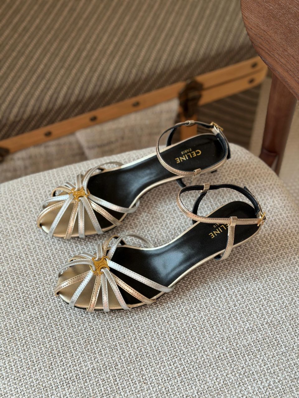 Celine Strappy Heel Sandals – Black & Gold