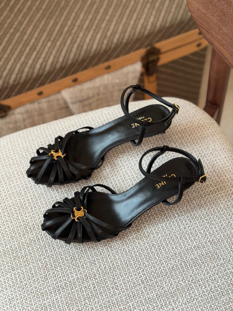 Celine Strappy Heel Sandals – Black & Gold