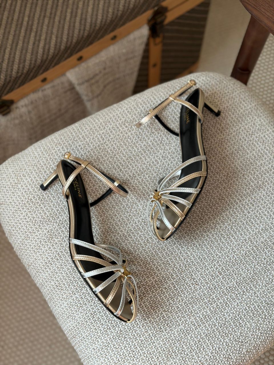 Celine Strappy Heel Sandals – Black & Gold