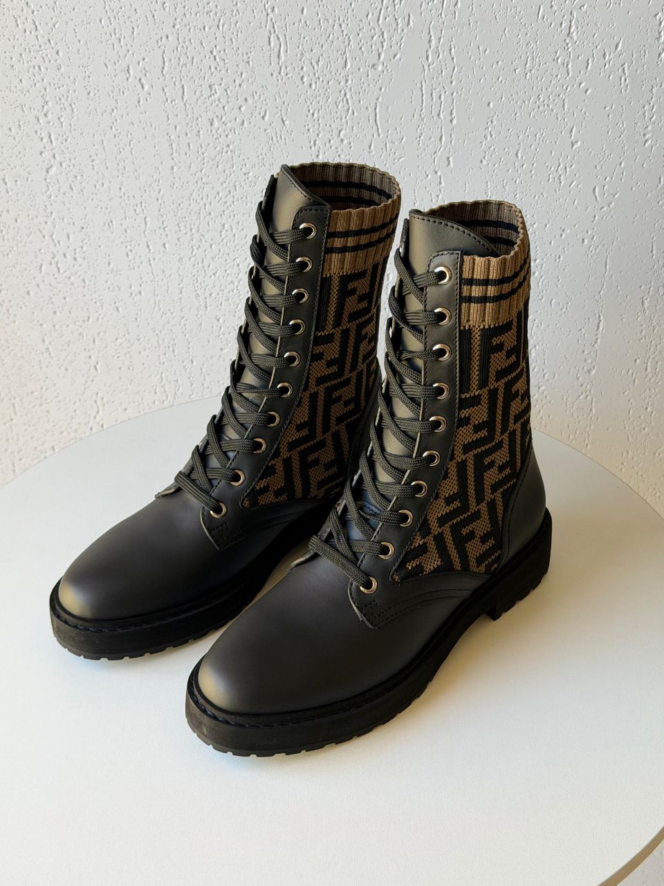 Fendi FF Knit Leather Combat Boots