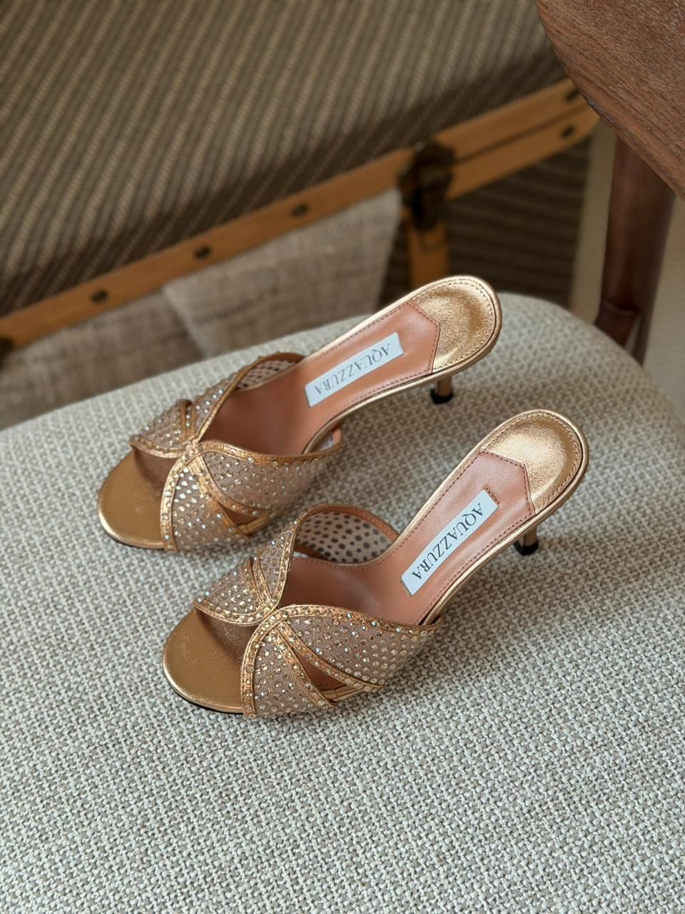 Aquazzura Cross Crystal Strap Heels – Gold & Silver