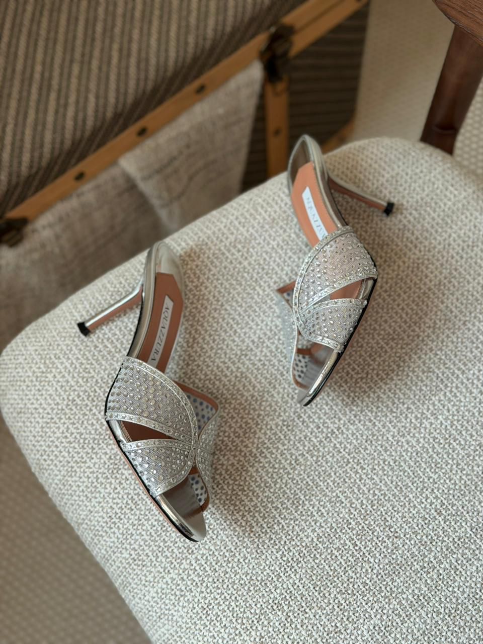 Aquazzura Cross Crystal Strap Heels – Gold & Silver