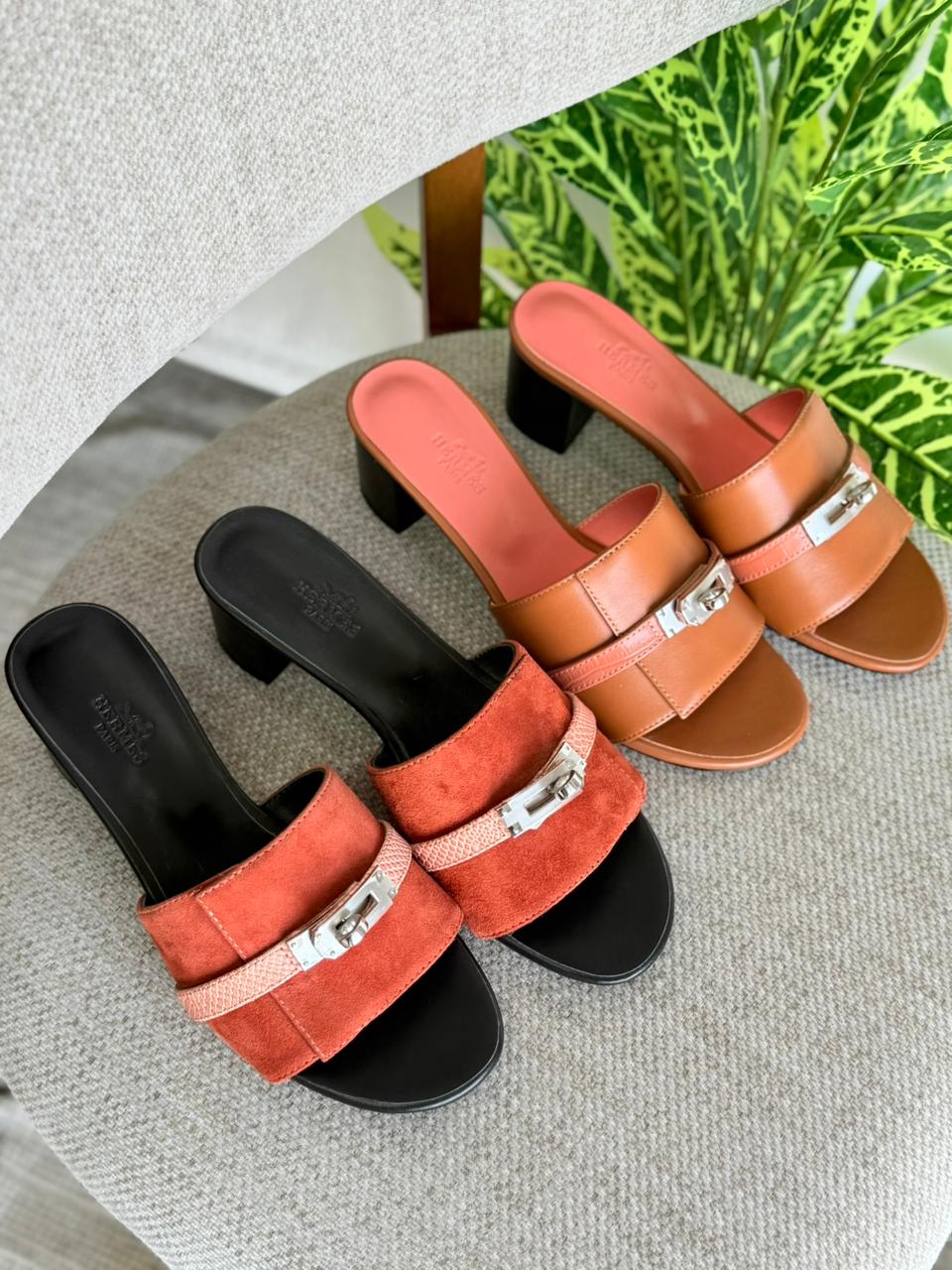 Hermès Lock Detail Suede & Leather Heeled Mules