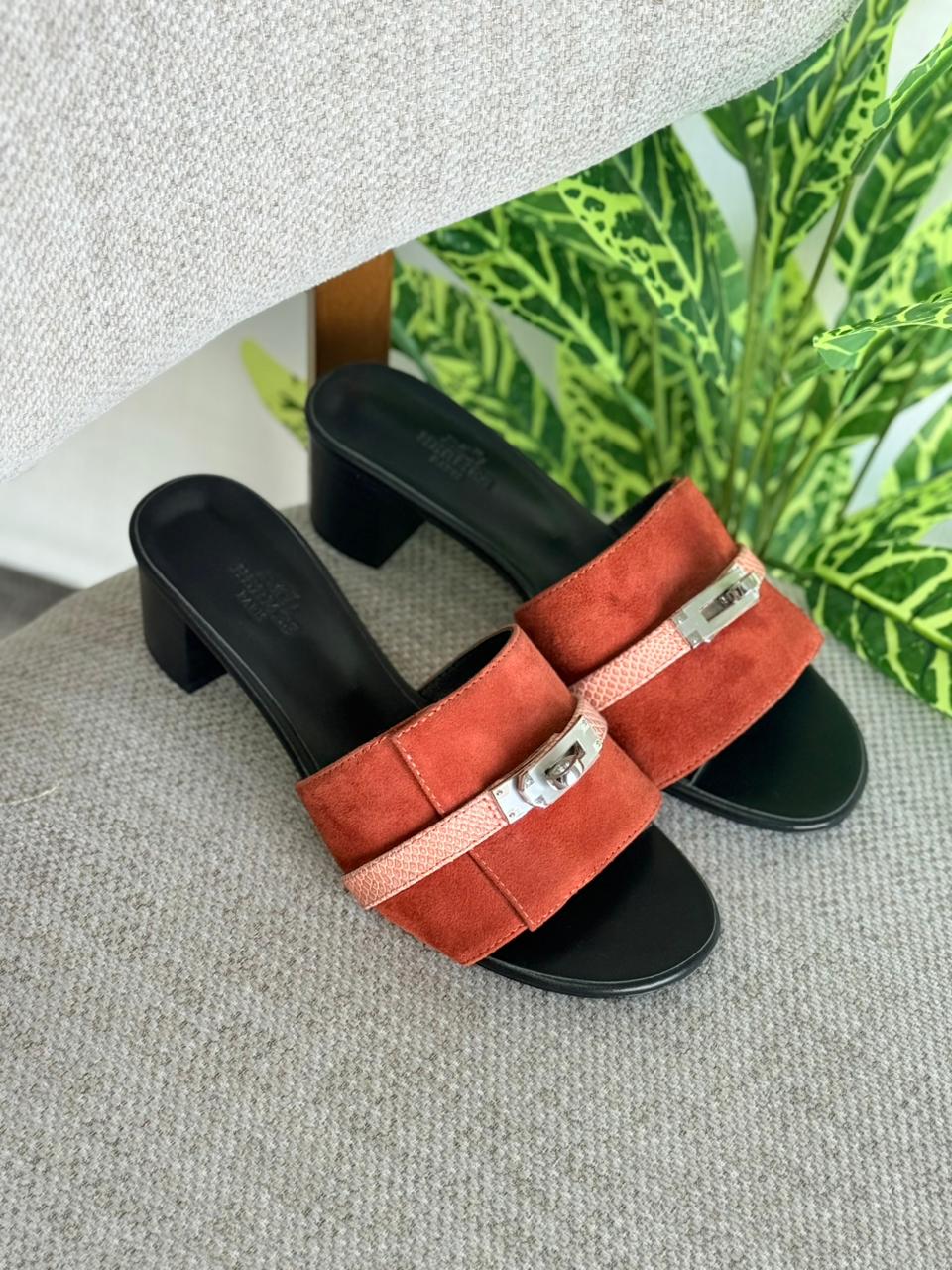 Hermès Lock Detail Suede & Leather Heeled Mules