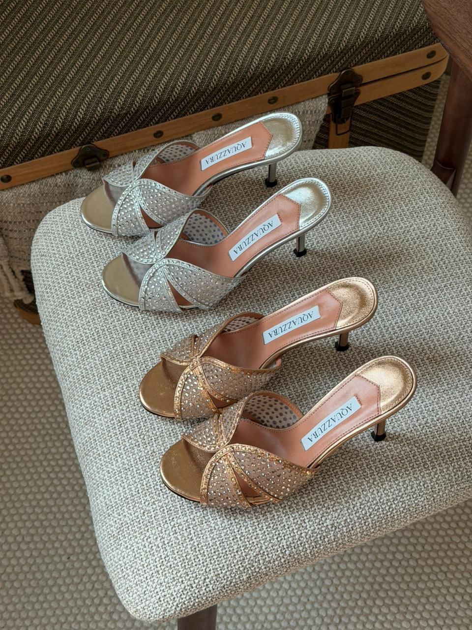 Aquazzura Cross Crystal Strap Heels – Gold & Silver