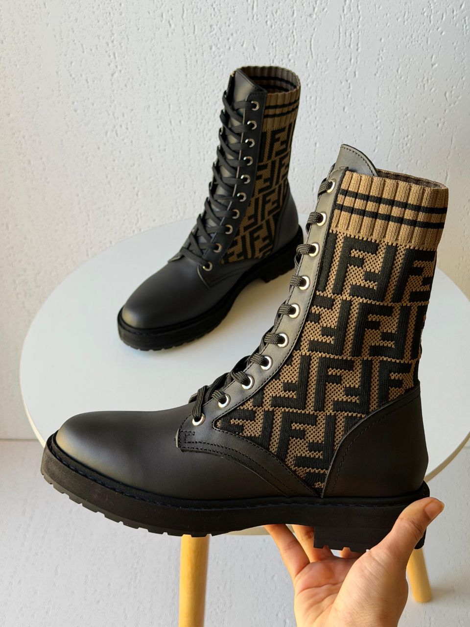 Fendi FF Knit Leather Combat Boots