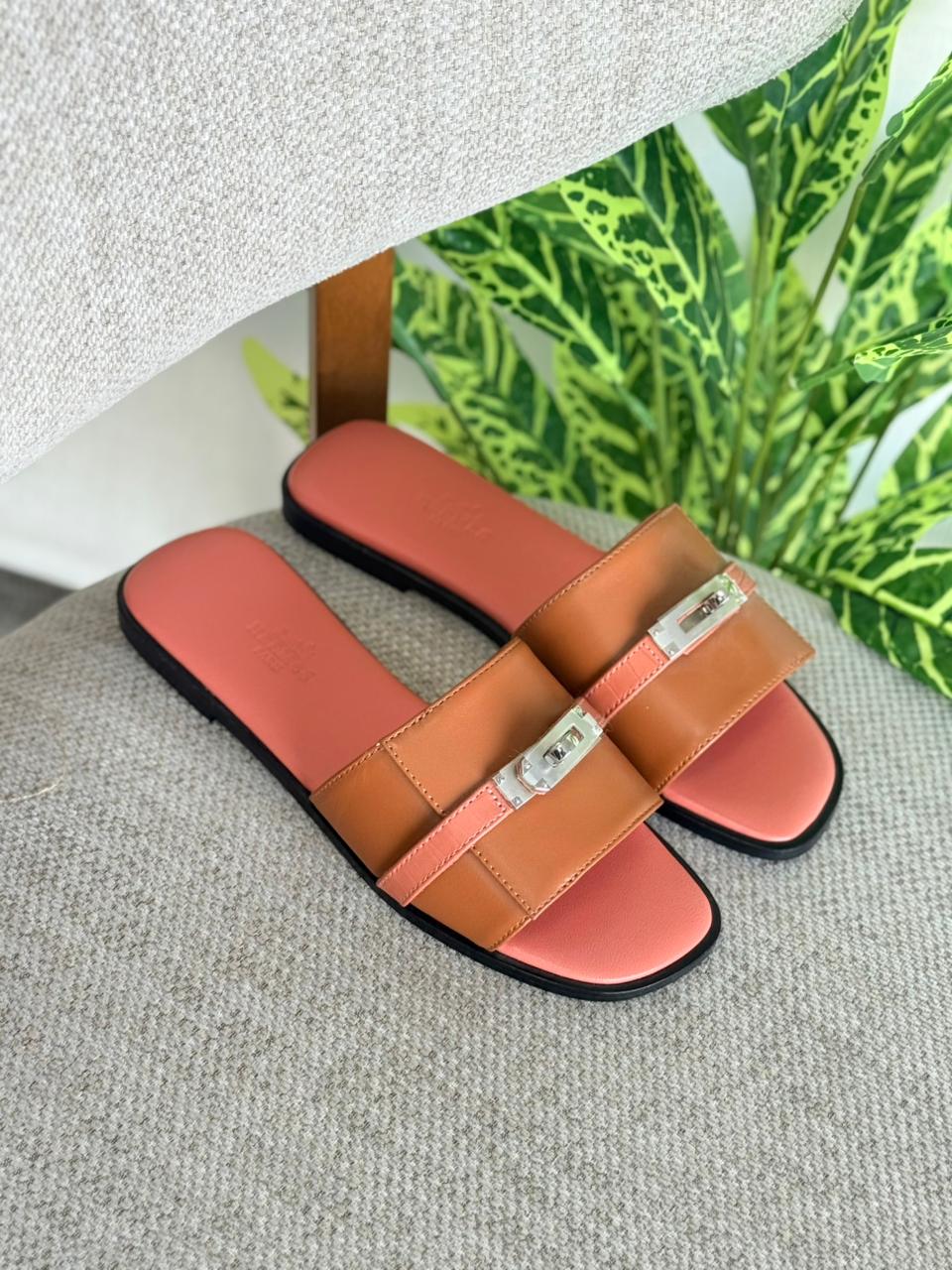 Hermès Lock Detail Flat Suede & Leather Slides
