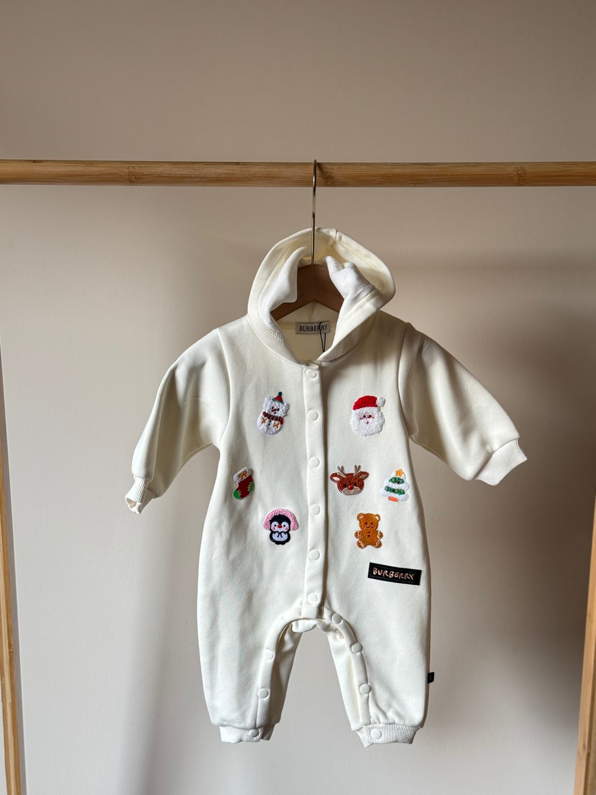 Burberry Baby Christmas Romper – Hooded Soft Cotton – White – Limited Edition