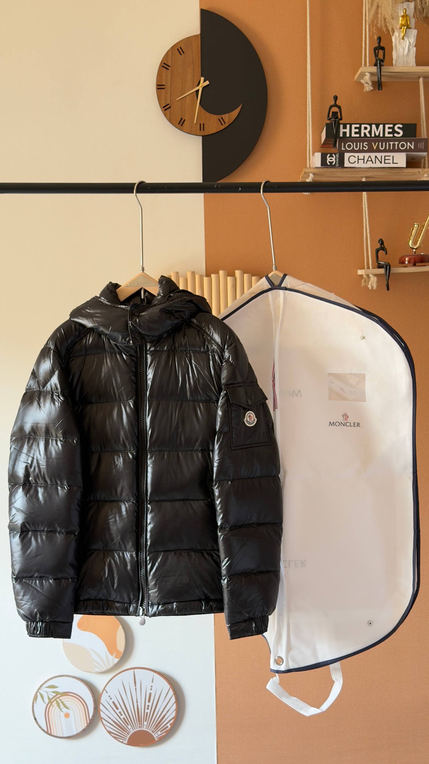 Moncler Hooded Puffer Jacket for Men – Black High-Shine Winter Essential