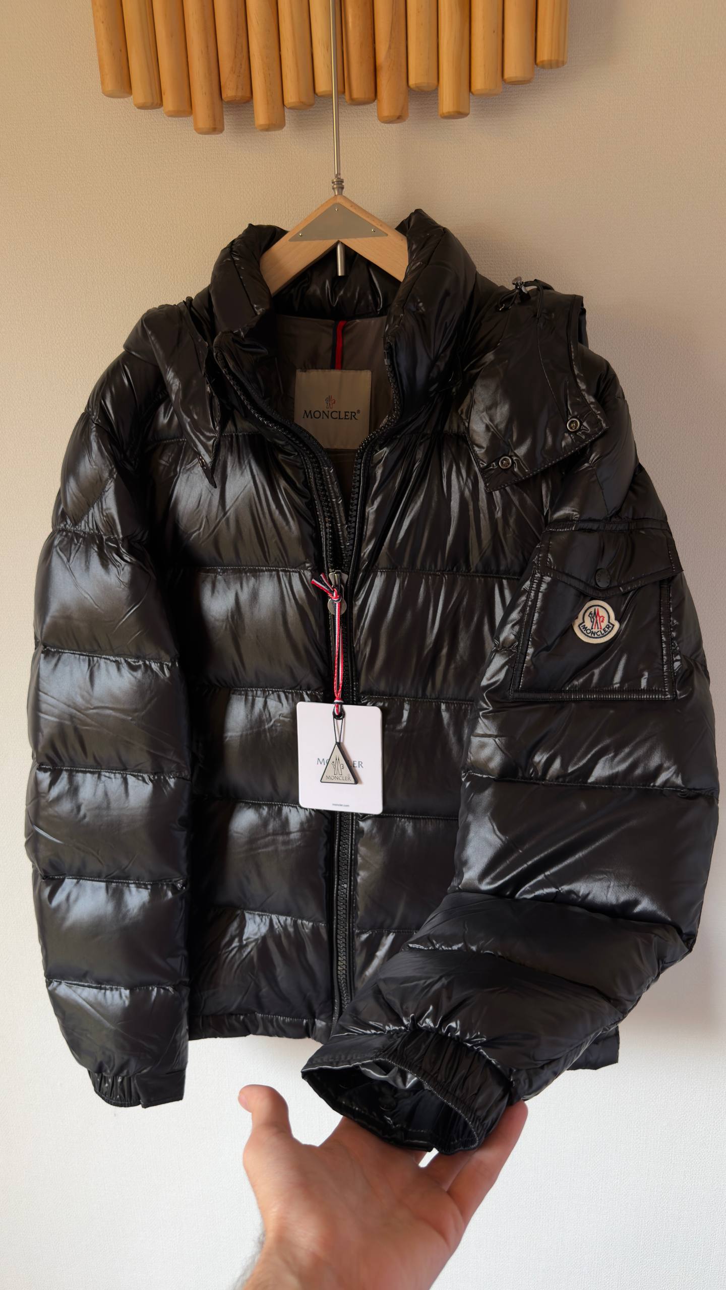 Moncler Hooded Puffer Jacket for Men – Black High-Shine Winter Essential