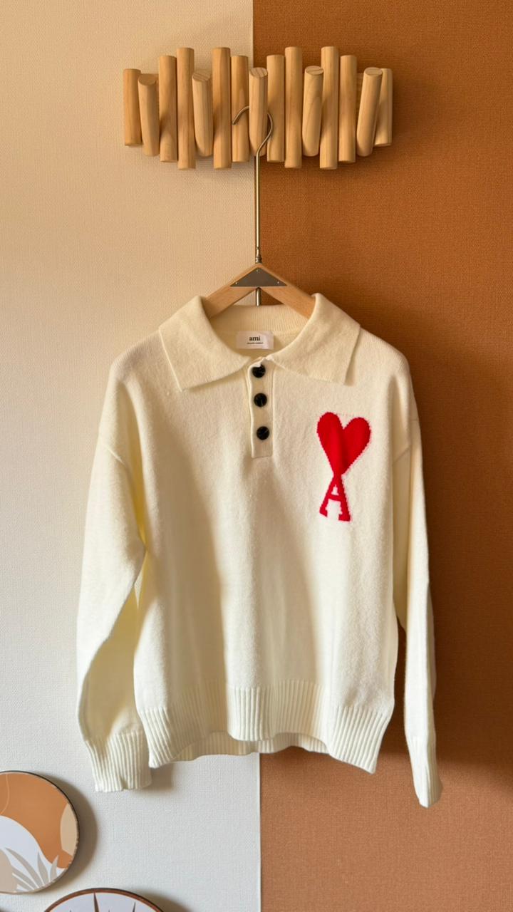 AMI Paris Heart Logo Knit Polo Sweater – Premium Unisex Winter Style