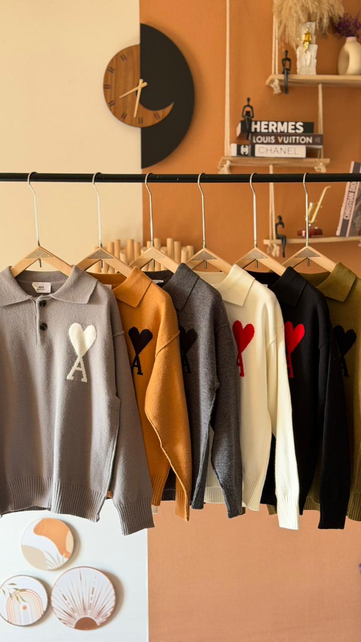 AMI Paris Heart Logo Knit Polo Sweater – Premium Unisex Winter Style