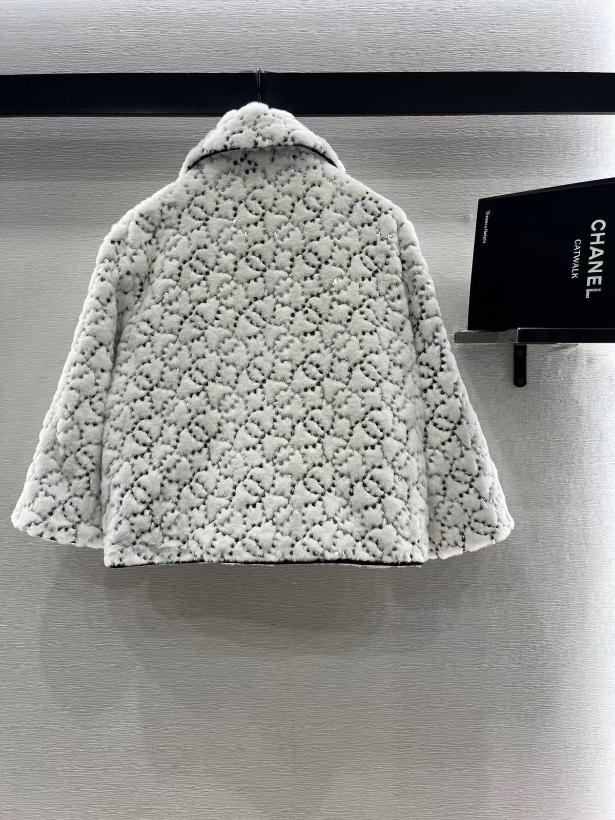 Chanel Faux Fur Jacket – White CC Pattern – Elegant Winter Fashion