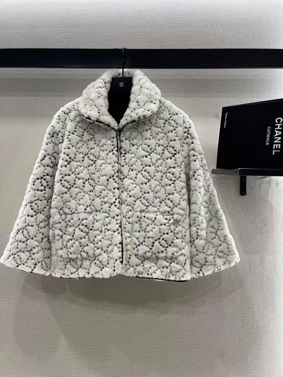 Chanel Faux Fur Jacket – White CC Pattern – Elegant Winter Fashion
