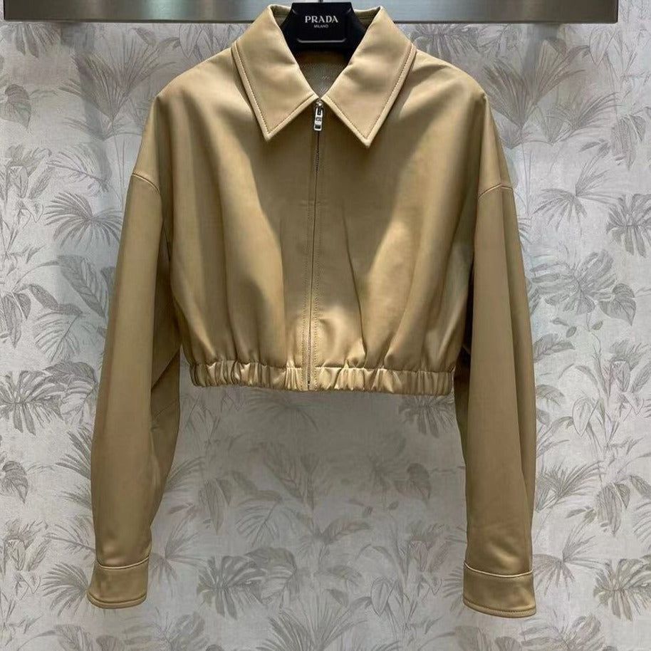 Prada Cropped Leather Jacket – Black & Beige Collection