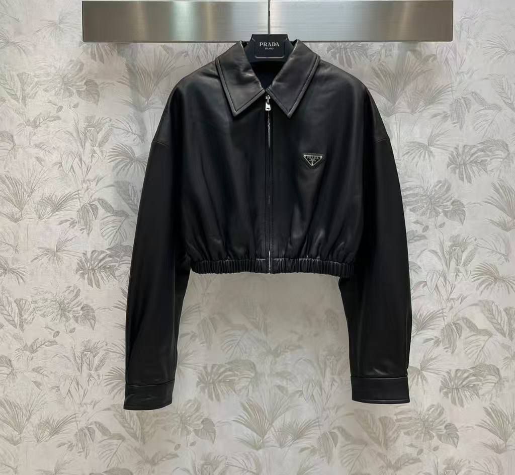 Prada Cropped Leather Jacket – Black & Beige Collection