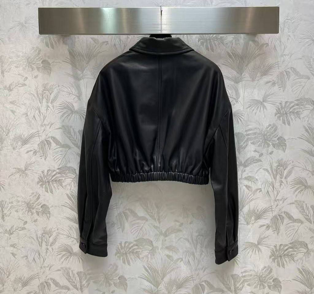 Prada Cropped Leather Jacket – Black & Beige Collection