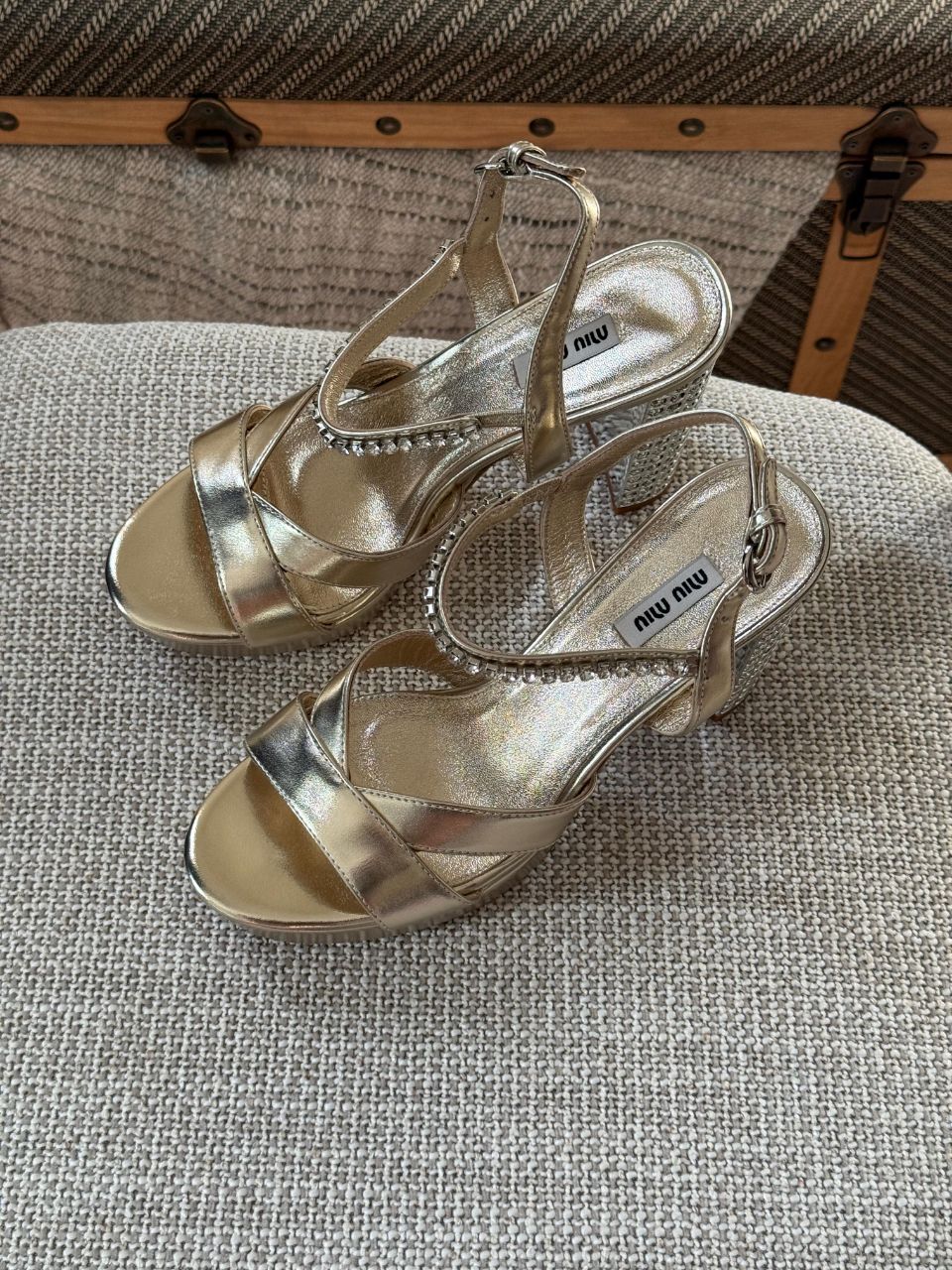 Miu Miu Crystal Strap Metallic Sandals – Luxury Evening Edition
