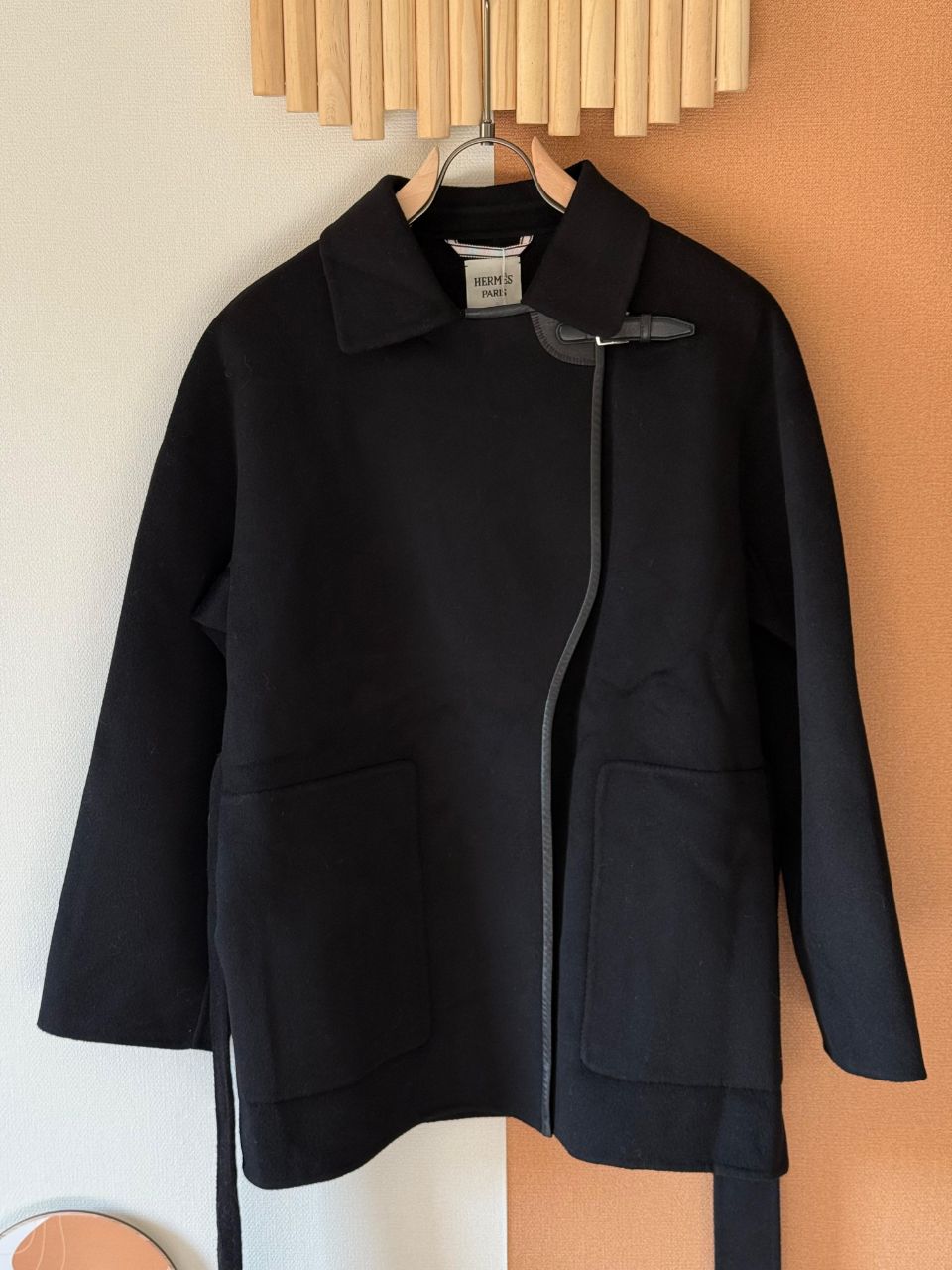 Hermès Minimal Wool Jacket with Leather Toggle Detail – Black & Ivory