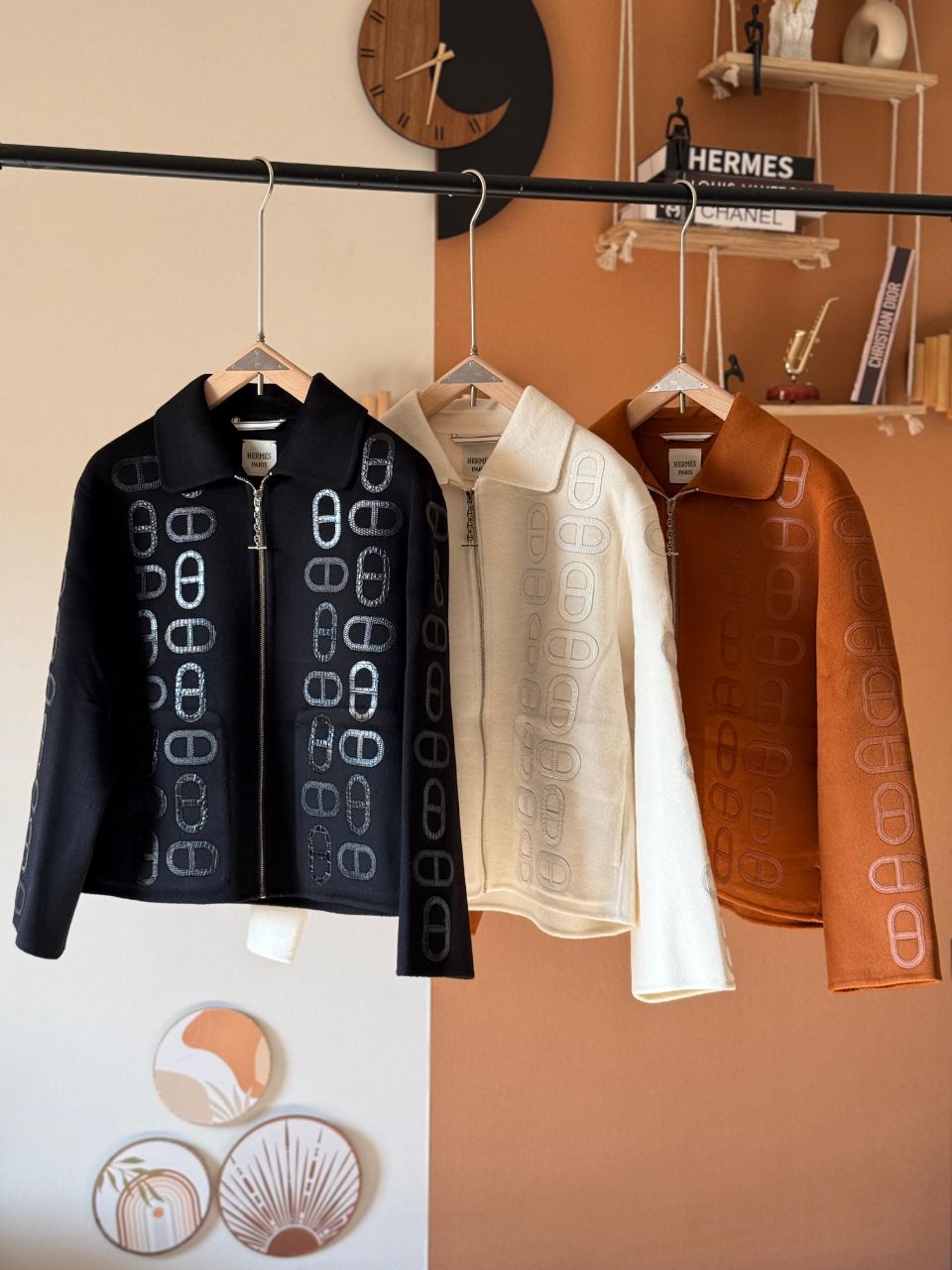 Hermès Chain Motif Zip-Up Wool Jacket – Brown / Black / Ivory