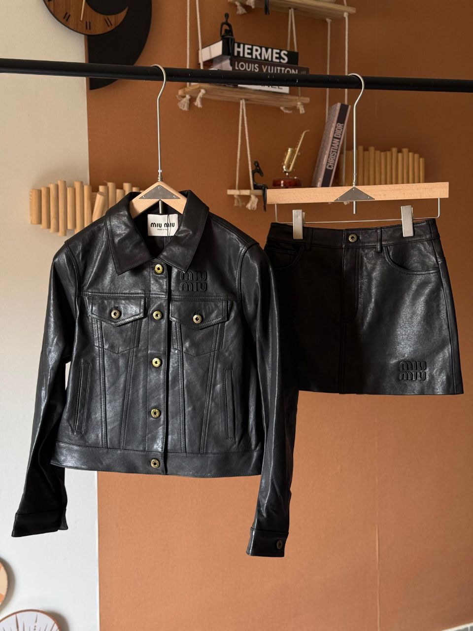 Miu Miu Leather Jacket & Skirt Set