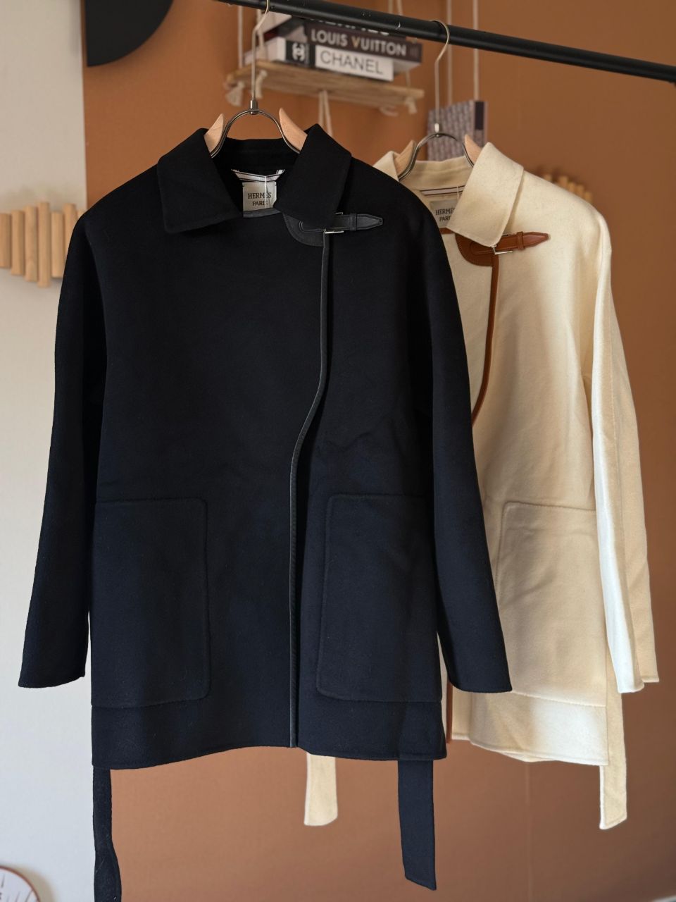 Hermès Minimal Wool Jacket with Leather Toggle Detail – Black & Ivory