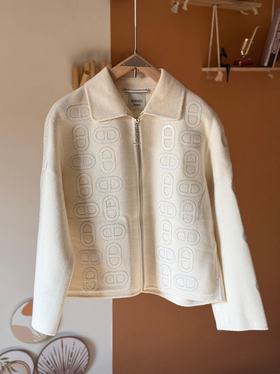 Hermès Chain Motif Zip-Up Wool Jacket – Brown / Black / Ivory