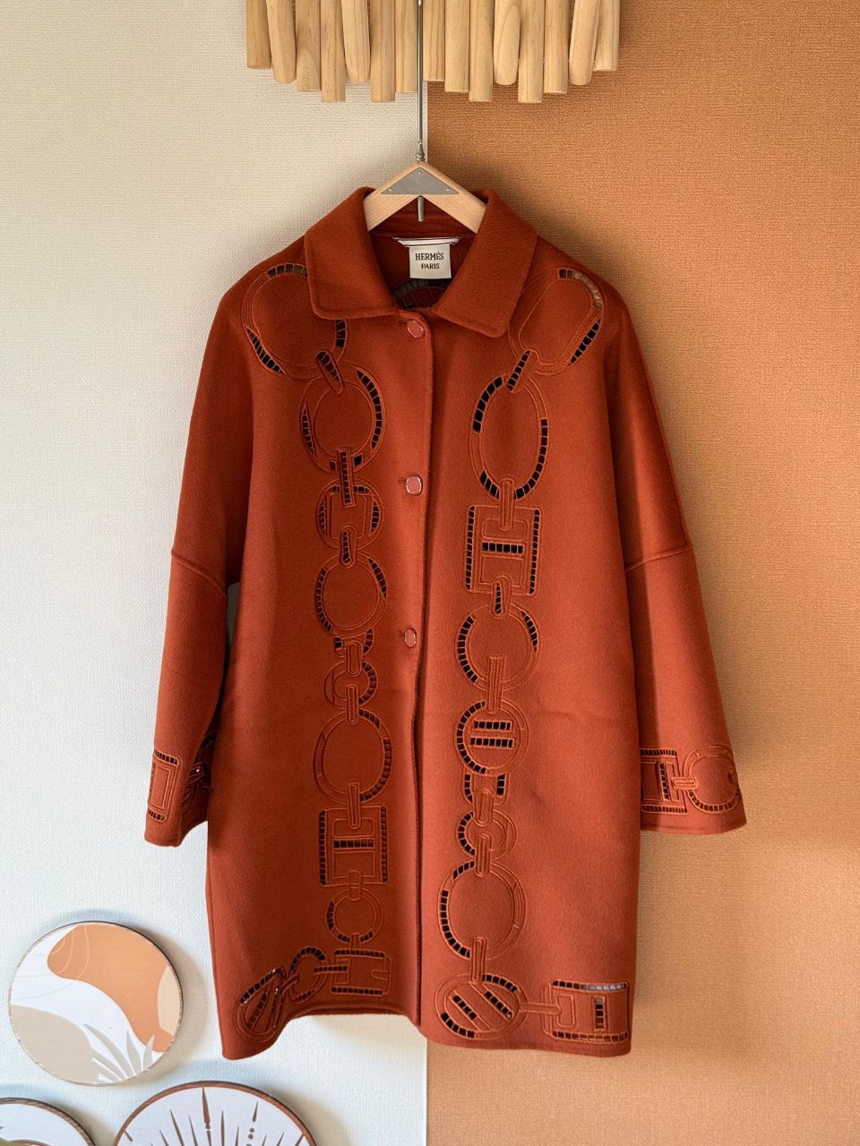 Hermès Long Wool Coat with Chain Pattern – Black / Brown / Ivory