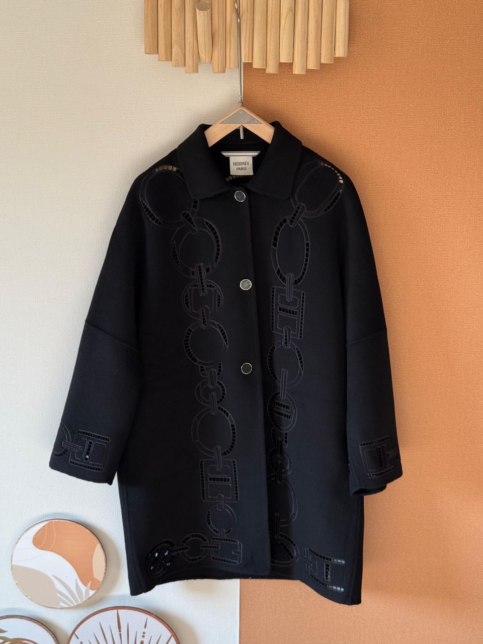 Hermès Long Wool Coat with Chain Pattern – Black / Brown / Ivory