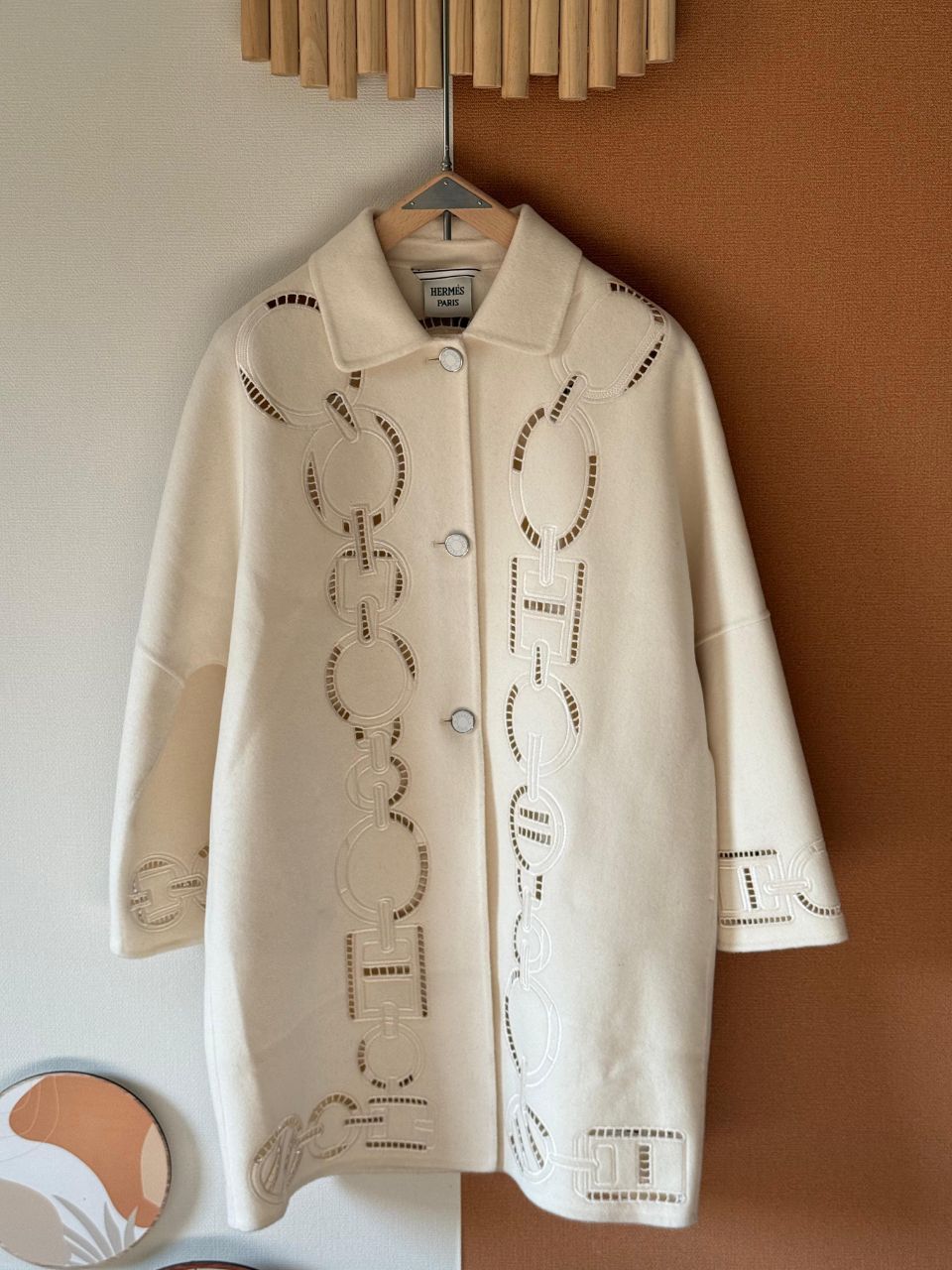 Hermès Long Wool Coat with Chain Pattern – Black / Brown / Ivory