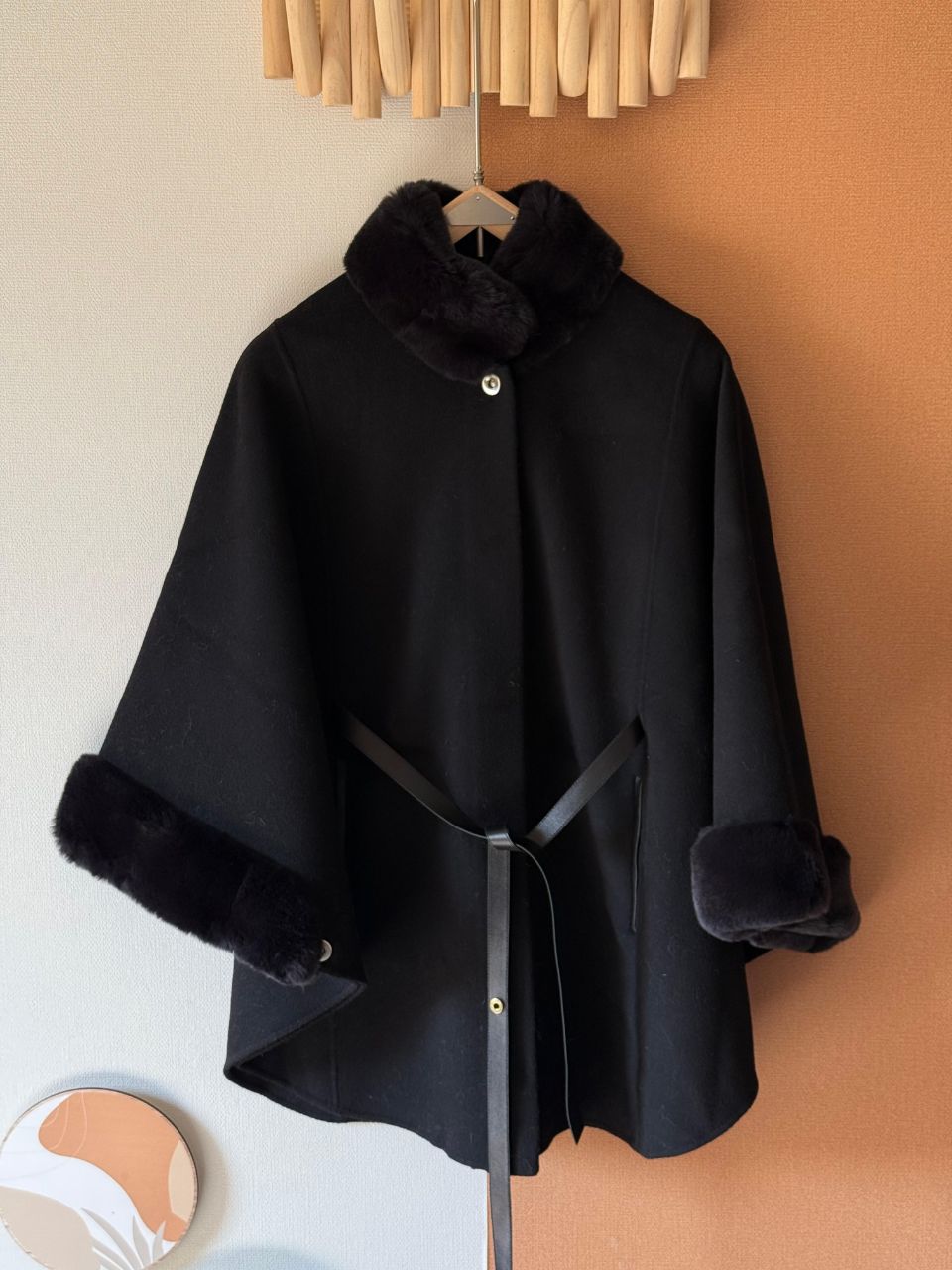 Loro Piana Cashmere Cape with Fur Collar and Belted Silhouette
