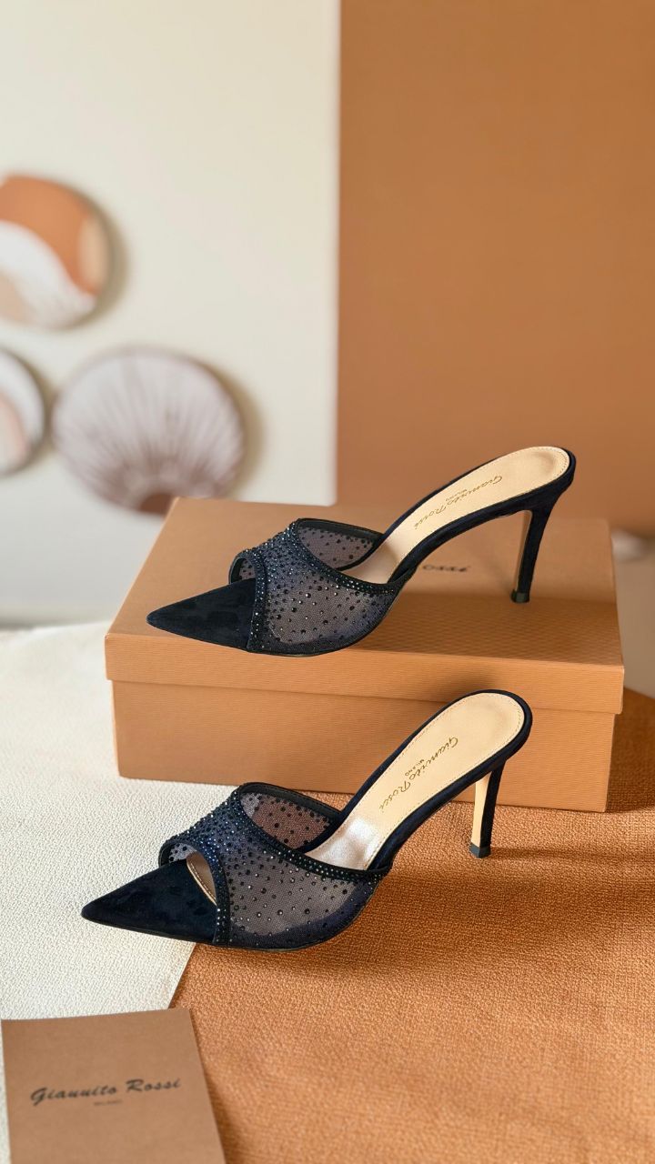 Gianvito Rossi Crystal Mesh Mules – Short & High Heel Edition