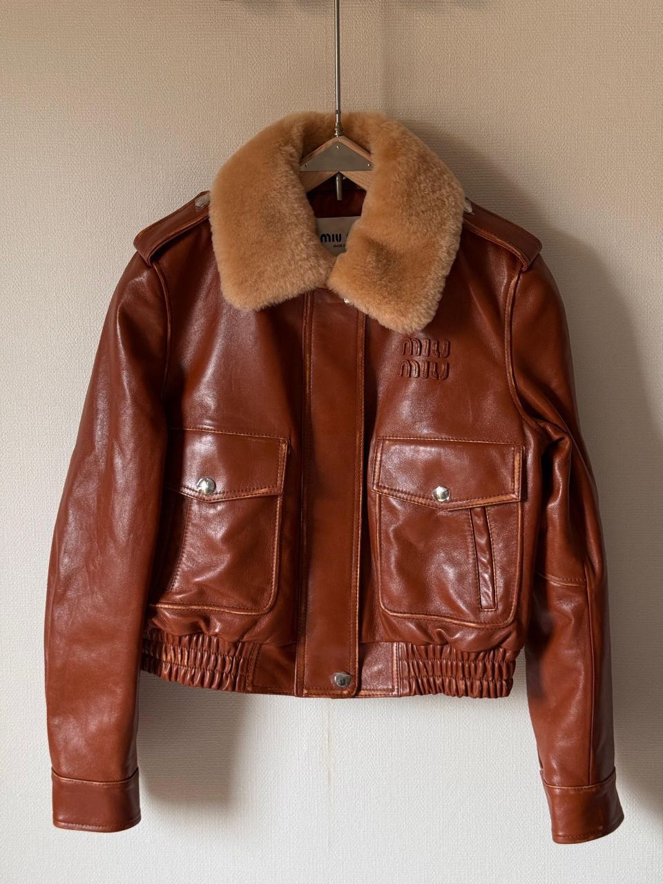 Miu Miu Leather Jacket & Skirt Set with Shearling Collar