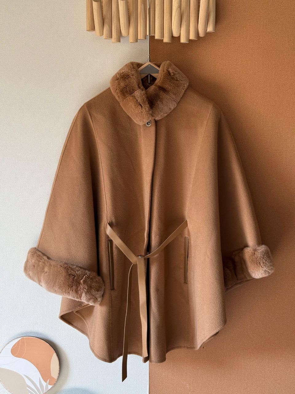 Loro Piana Cashmere Cape with Fur Collar and Belted Silhouette