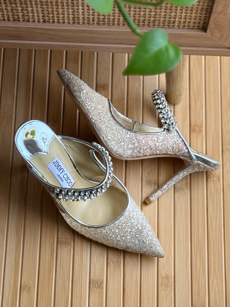 Jimmy Choo Crystal Embellished Pointed Mule Heels – Silver