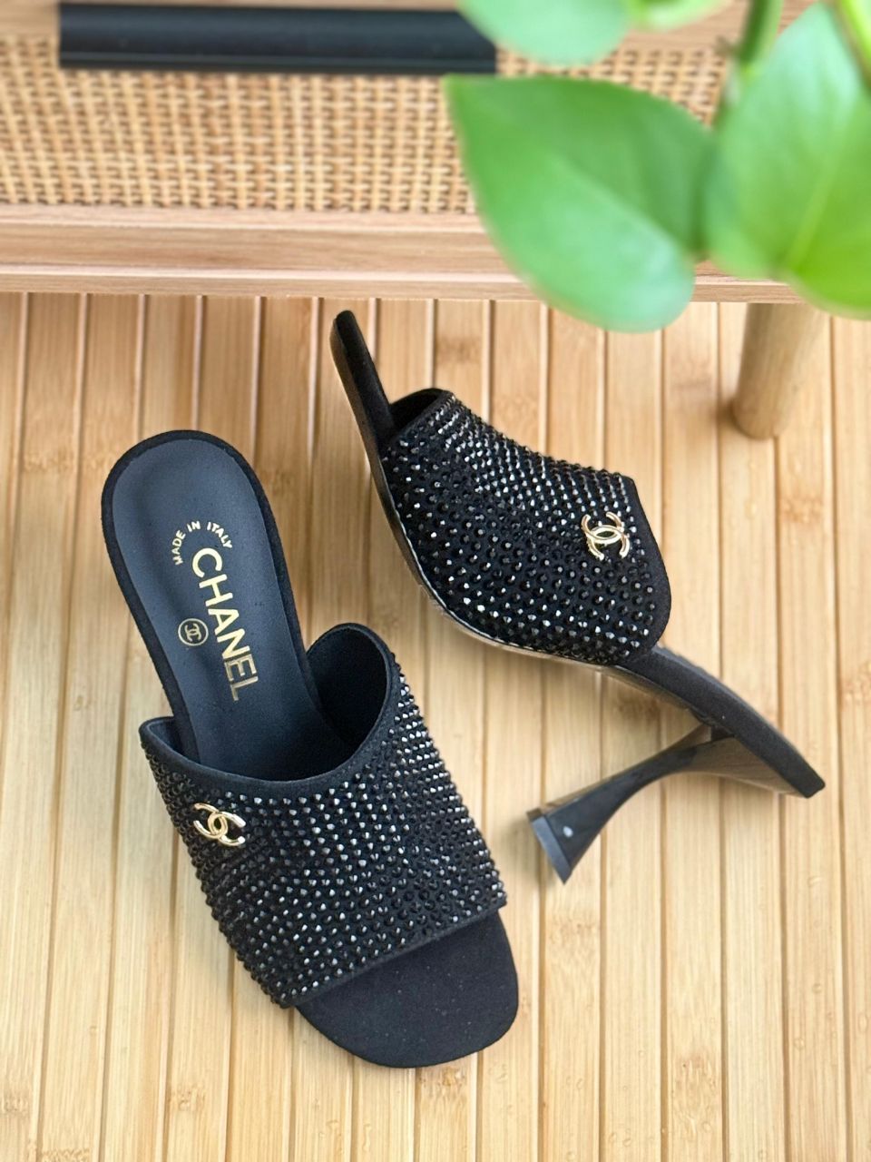 Chanel Strass Mule Heels – Black Open-Toe Backless Design