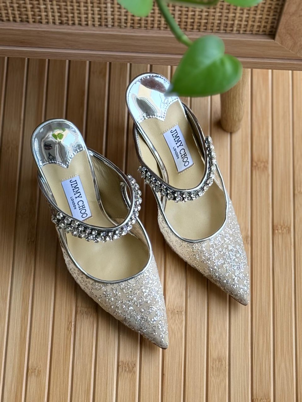 Jimmy Choo Crystal Embellished Pointed Mule Heels – Silver