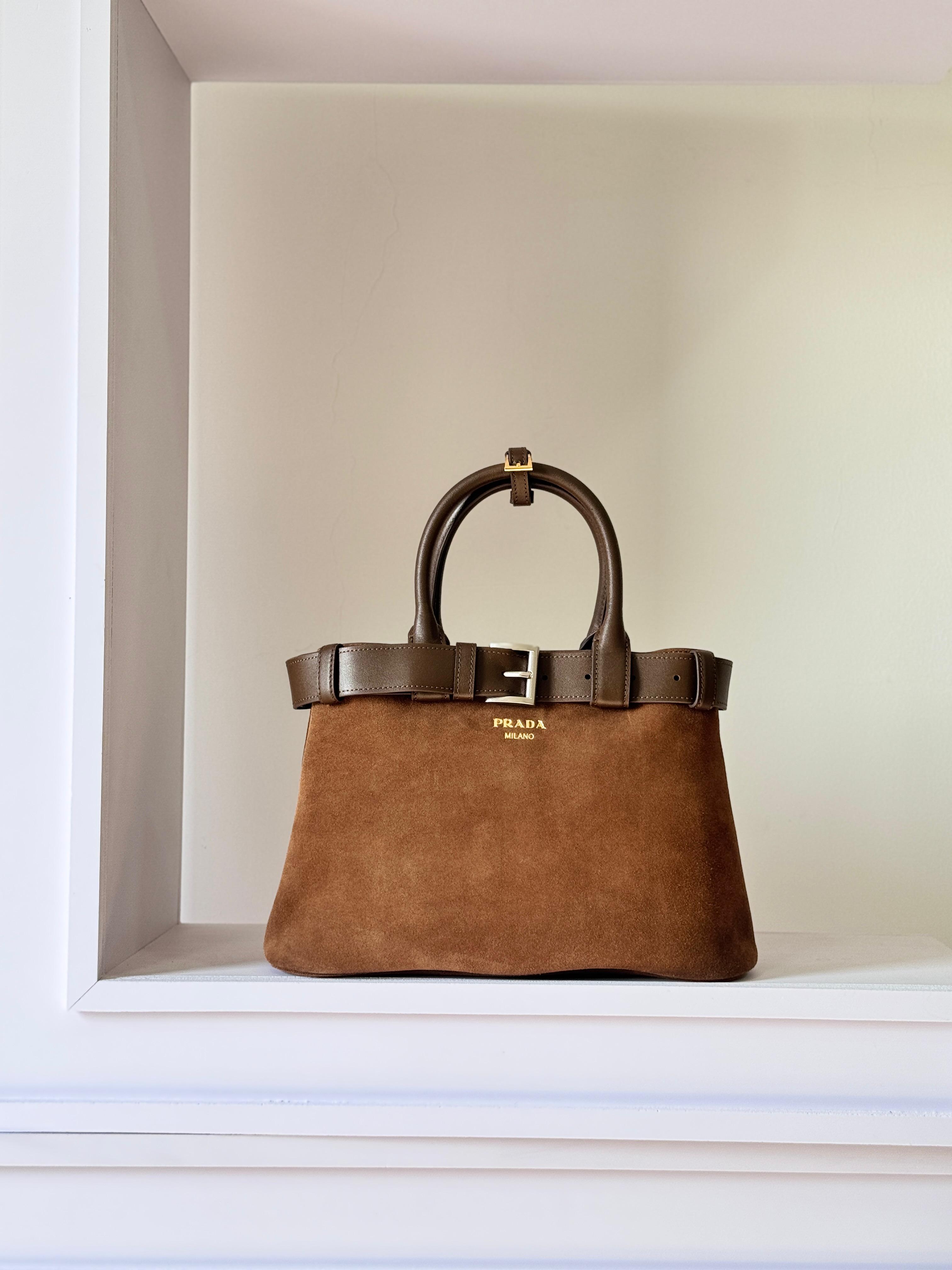 Prada Suede Top Handle Bag with Leather Belt Detail