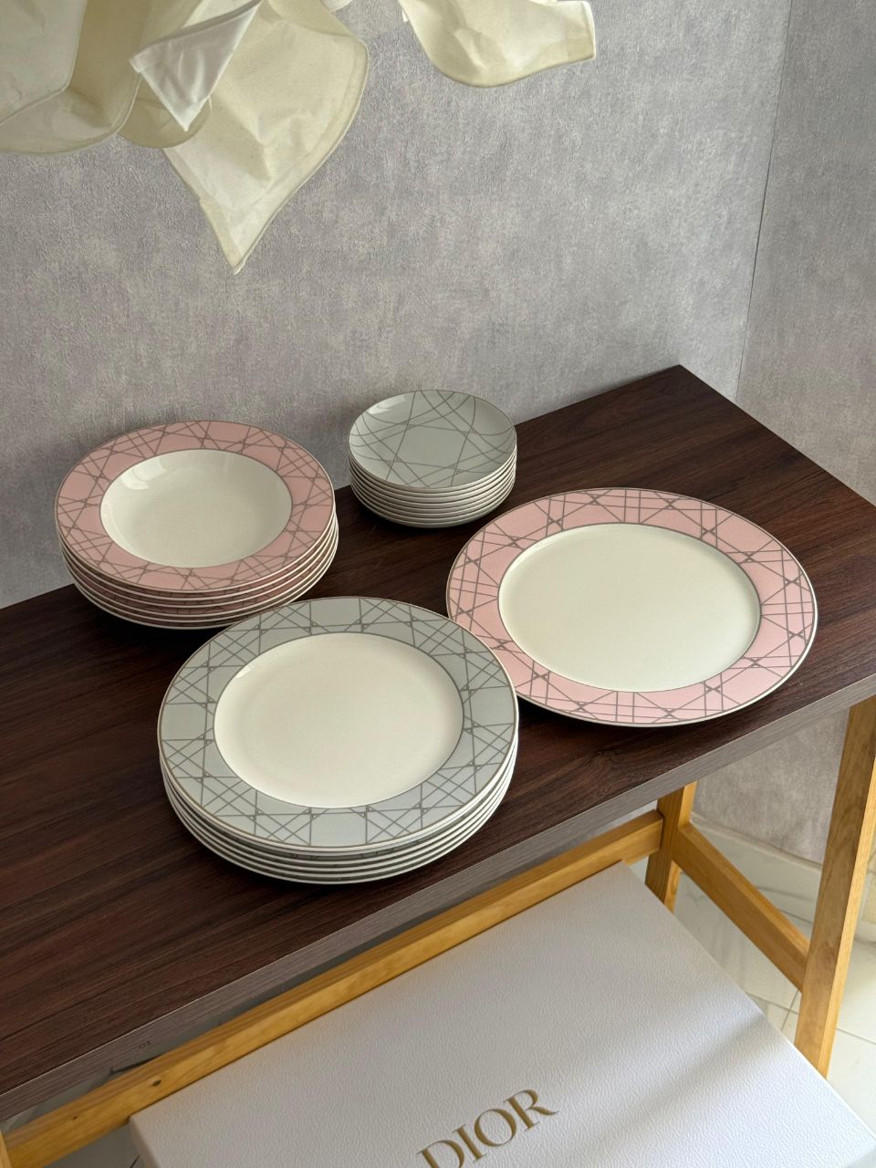 Dior Luxury Fine Porcelain Dinner Set with Soft Pink & Grey Geometric Design